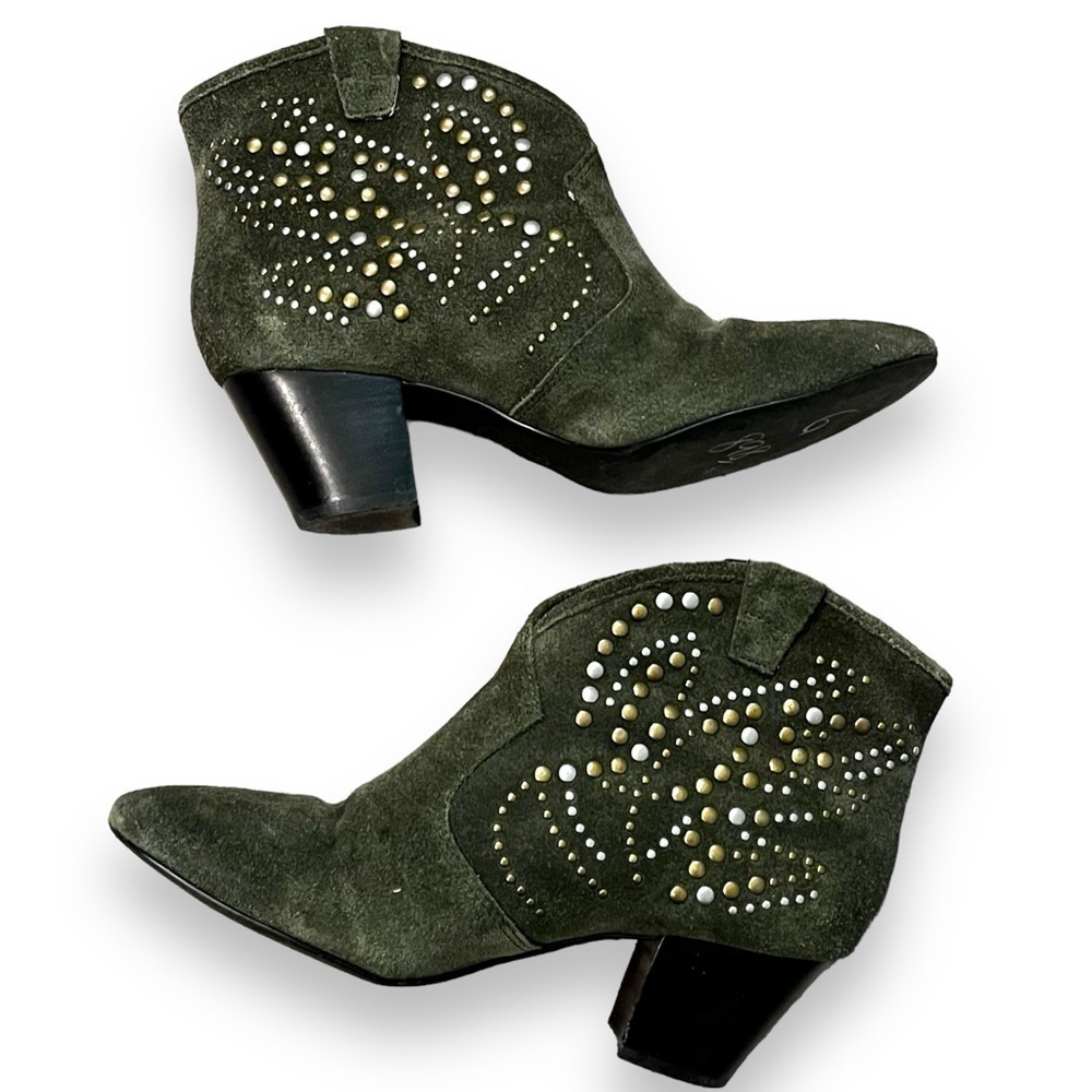 ASH Spirit Ankle Boots Studded Green Suede Slip on Heels Western Size 38/US7